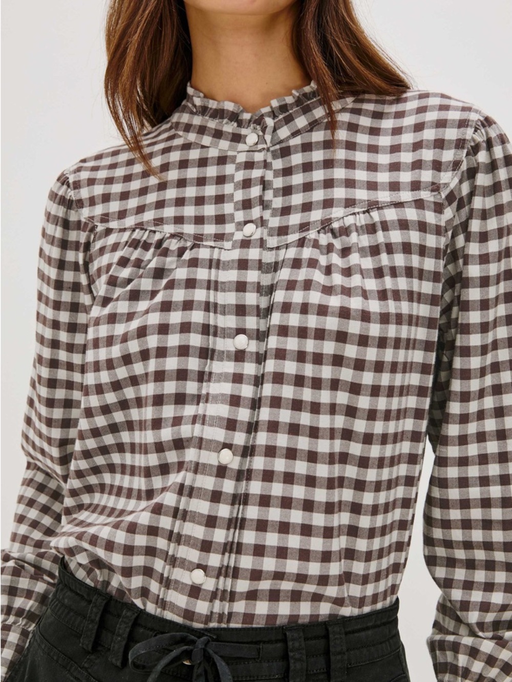 Rails Alanna Gingham Blouse Brown Check Ruffle Collar Snap Button Shirt Women